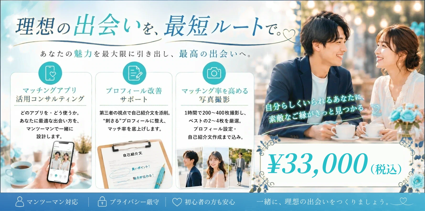 理想の出会いを、最短ルートで。マッチングアプリ活用コンサルティング・プロフィール改善サポート・マッチング率を高める写真撮影 ¥33,000（税込）